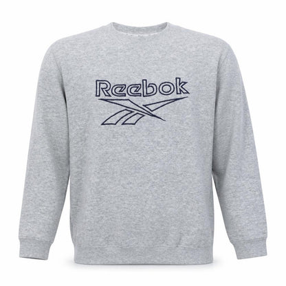 Front view of Reebok boys’ grey xl pullover fleece sweatshirt with embroidered logo