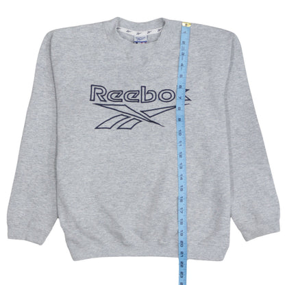 Close-up detail of Reebok boys’ grey xl pullover fleece sweatshirt with embroidered logo