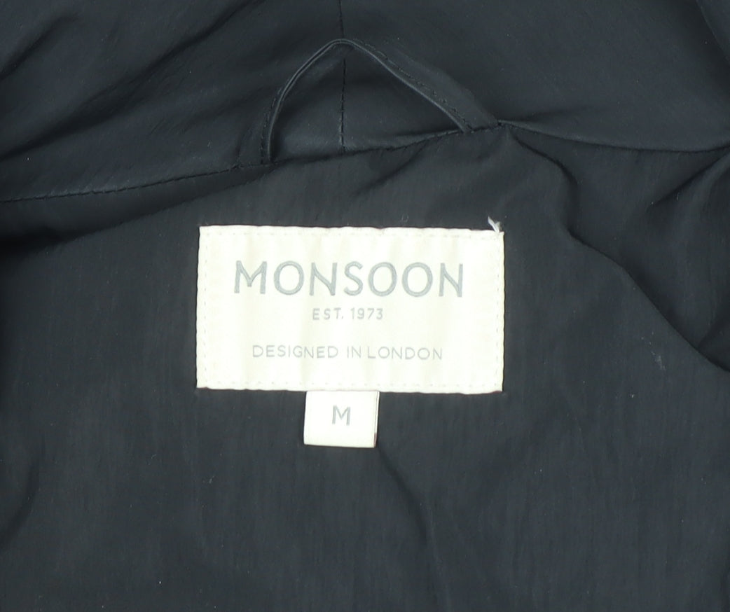 Monsoon Women's Black Long Puffer Coat M Winter Zip Jacket