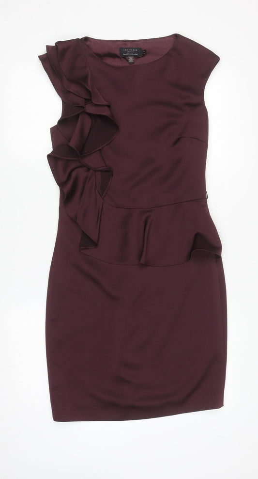 Ted Baker Women's Brown Ruffle Sheath Sleeveless Dress UK 8