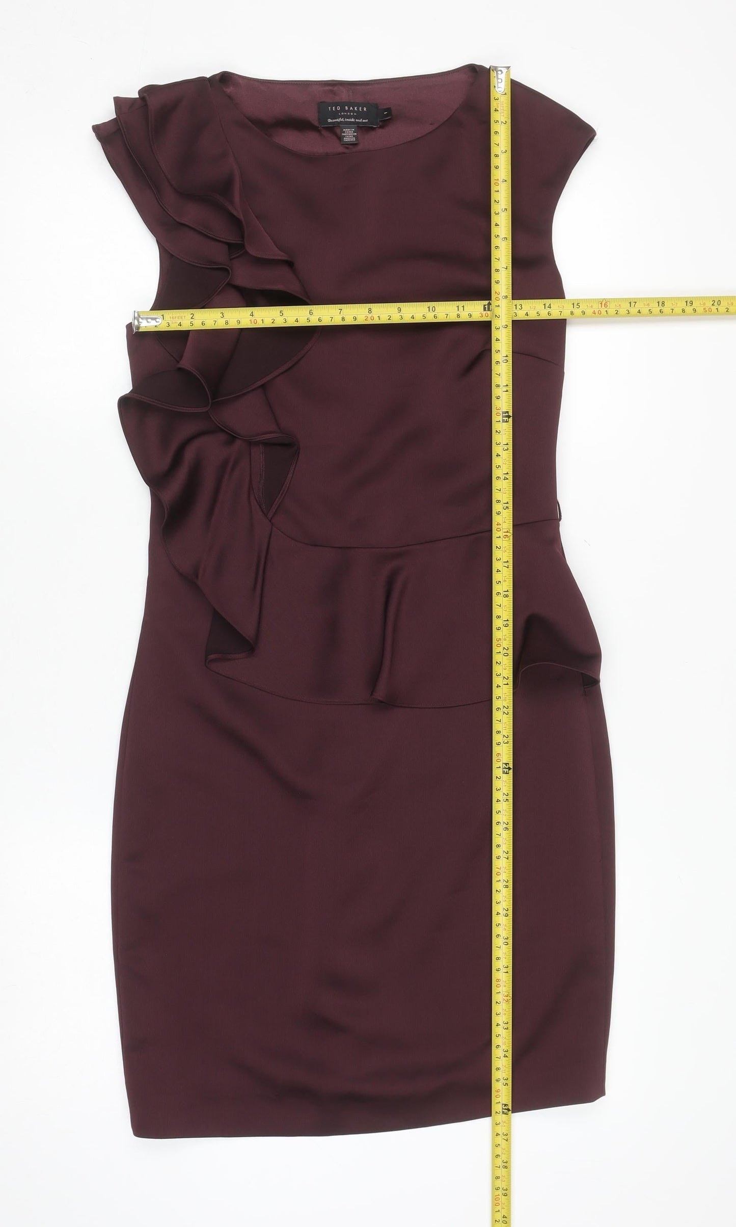 Ted Baker Women's Brown Ruffle Sheath Sleeveless Dress UK 8