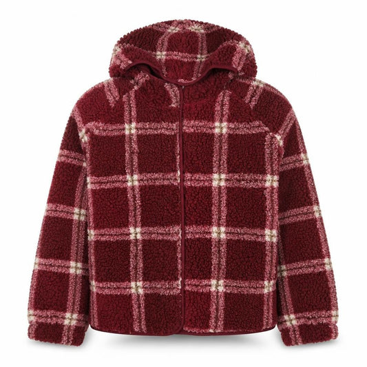 Front view of Marks & Spencer girls’ red check hooded fleece jacket 11-12 years