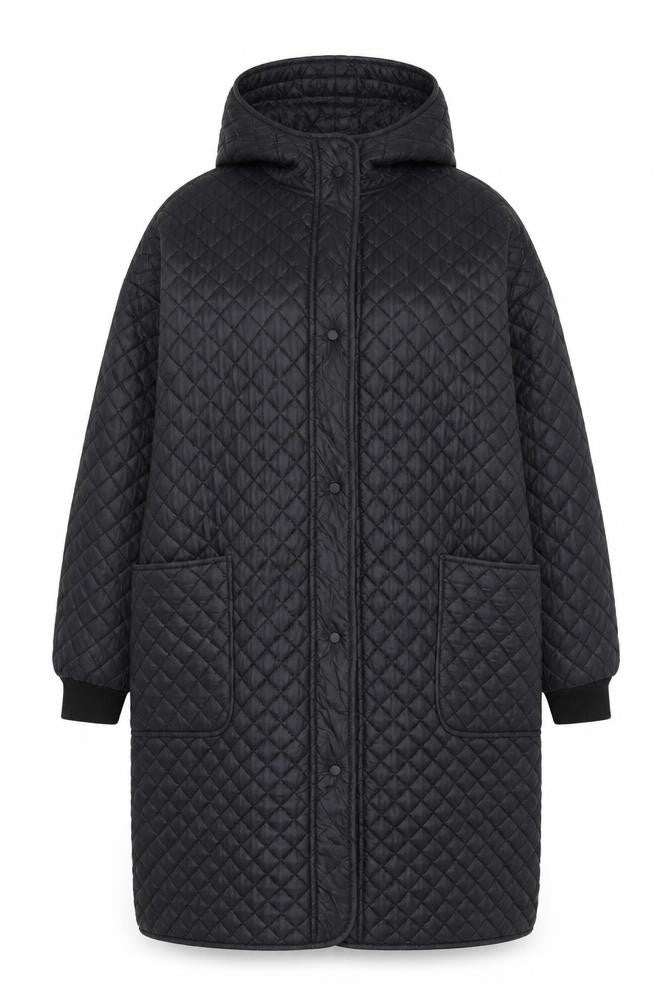Deconstruction Women's Black Quilted Long Hooded Coat M
