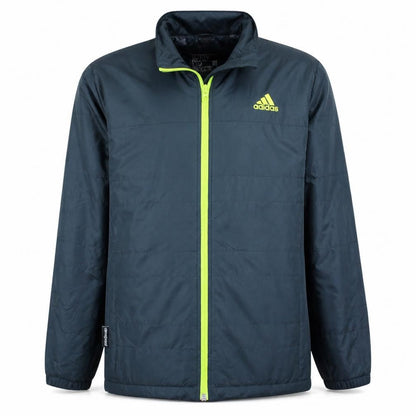 Front view of Adidas boys’ blue 11-12 years lightweight puffer jacket with neon zip