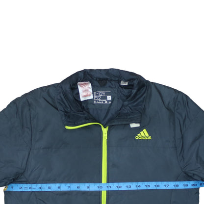 Brand and care label for Adidas boys’ blue 11-12 years lightweight puffer jacket with neon zip