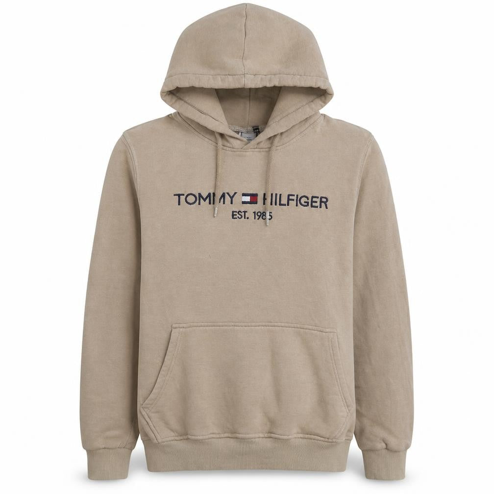 Tommy Hilfiger Men Beige Small Pullover Hoodie Embroidered Logo