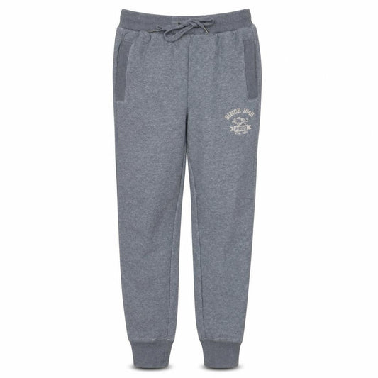 Front view of Puma men’s grey jogger sweatpants s elastic waist logo tapered leg