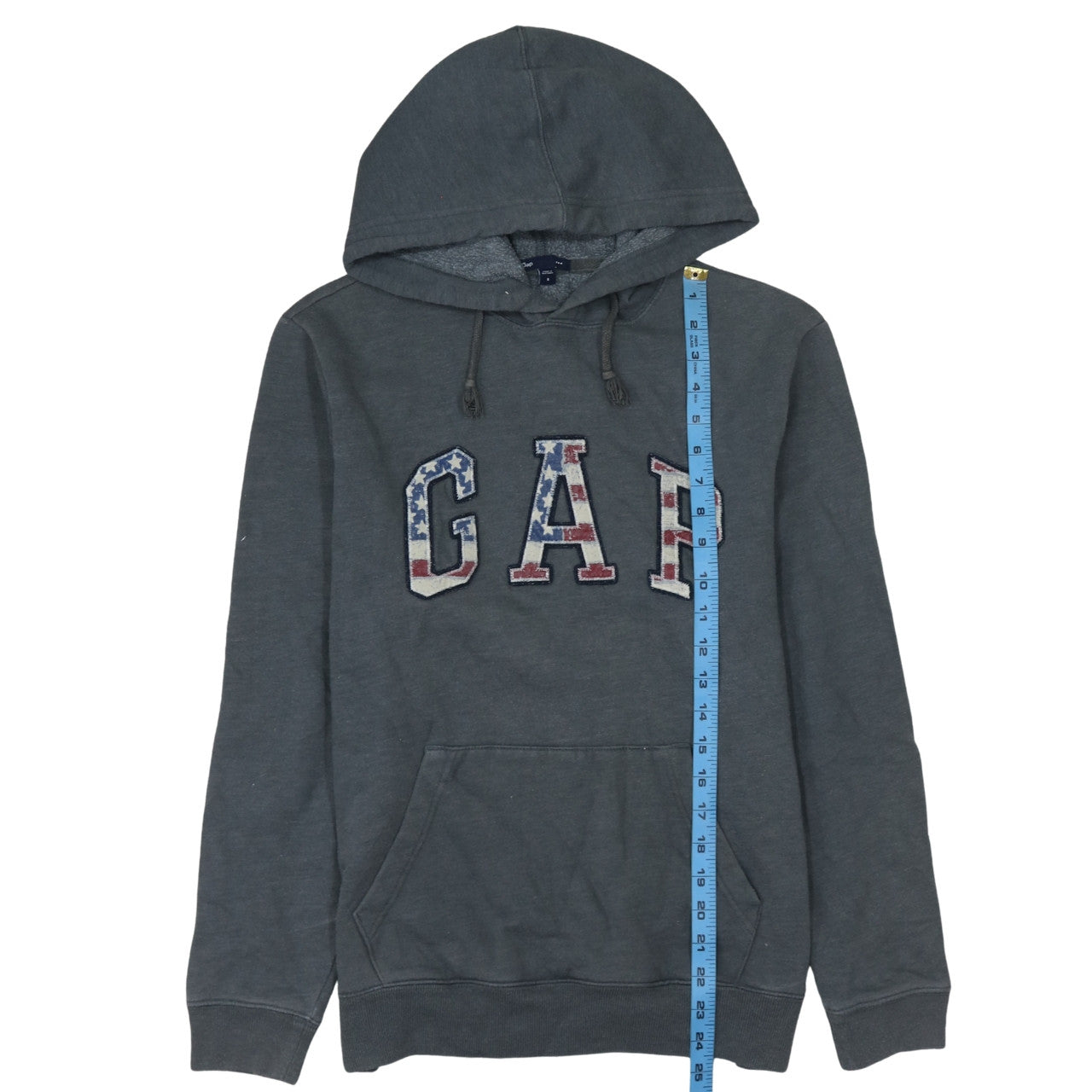 GAP Women Grey Pullover Hoodie Small American Flag Logo Casual
