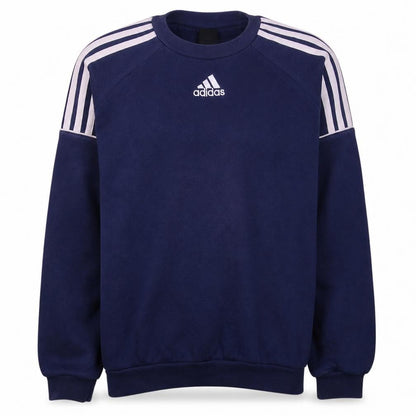 Front view of Adidas men’s blue crew neck pullover sweatshirt m sports logo