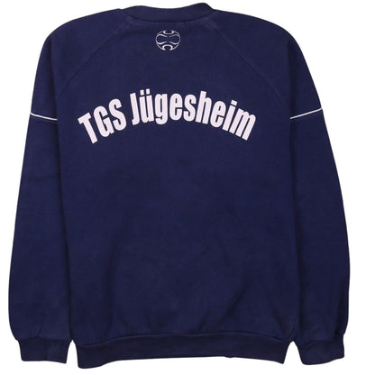 Back view of Adidas men’s blue crew neck pullover sweatshirt m sports logo