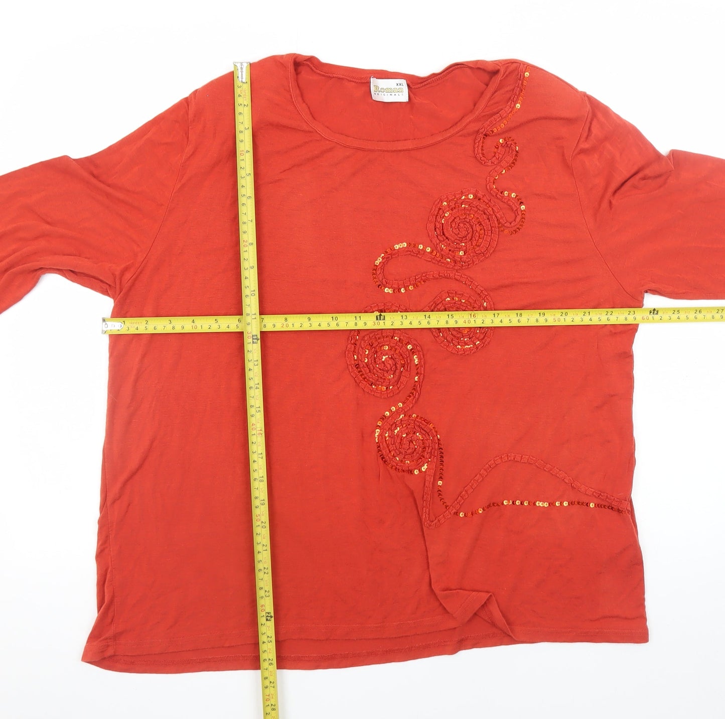 Roman Originals Women Red Long Sleeve Beaded Sequin Jersey Top 2XL