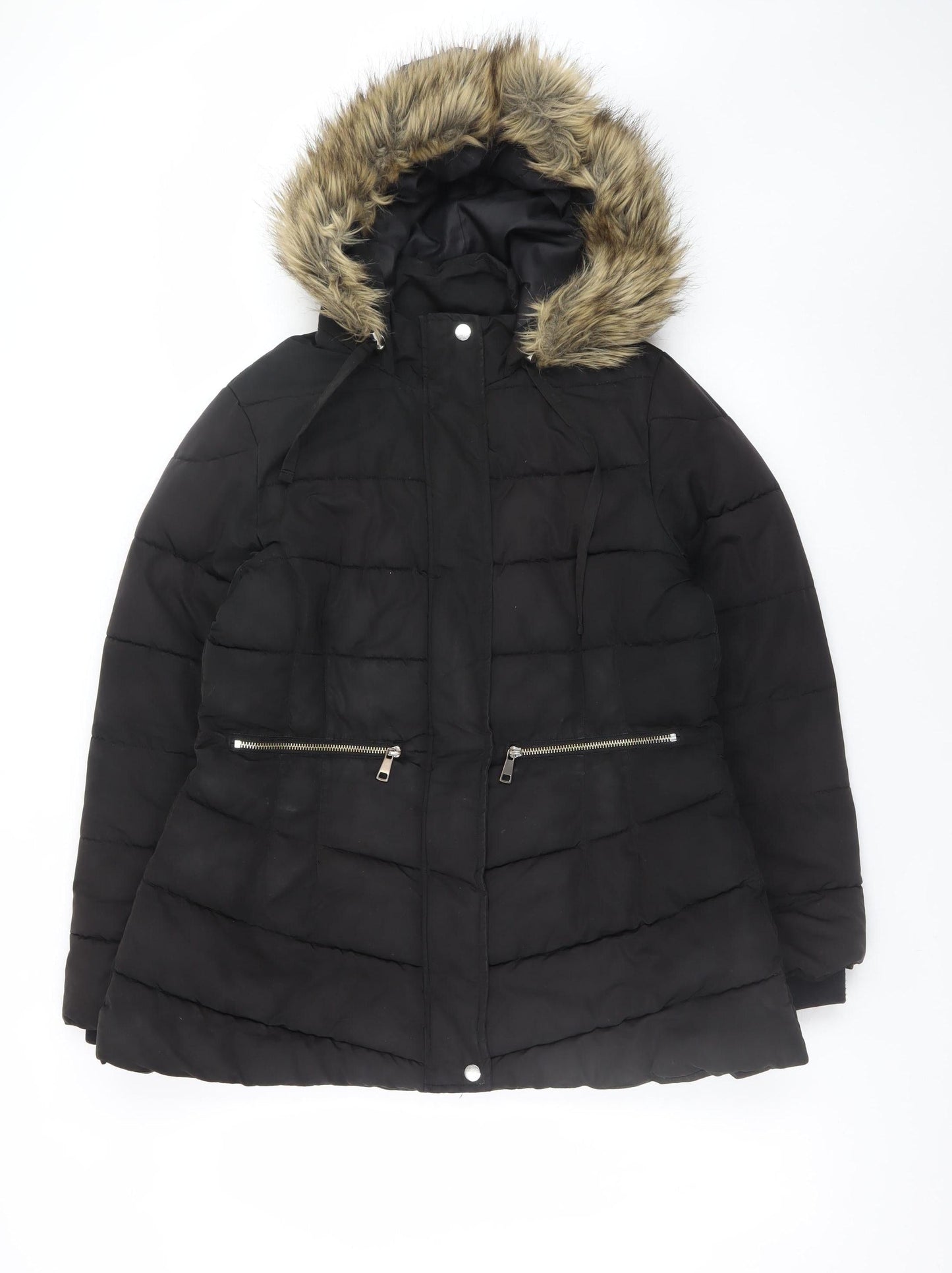 Papaya Women's Black Faux Fur Hooded Puffer Coat Size 14