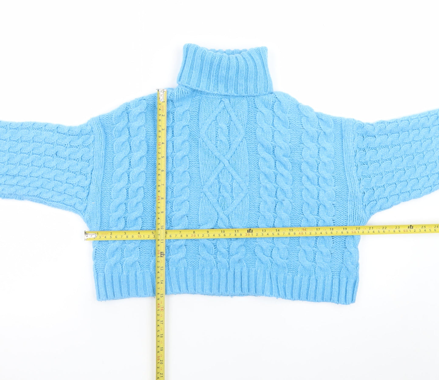 Bershka Women's Blue Roll Neck Cable Knit Acrylic Jumper Size 8