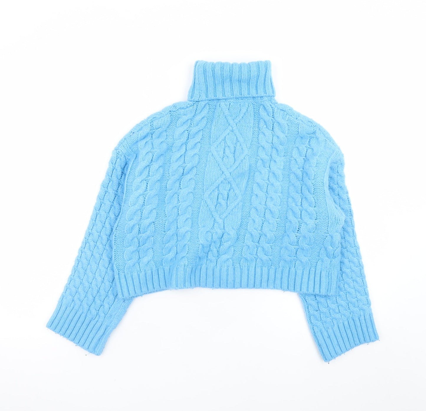 Bershka Women's Blue Roll Neck Cable Knit Acrylic Jumper Size 8