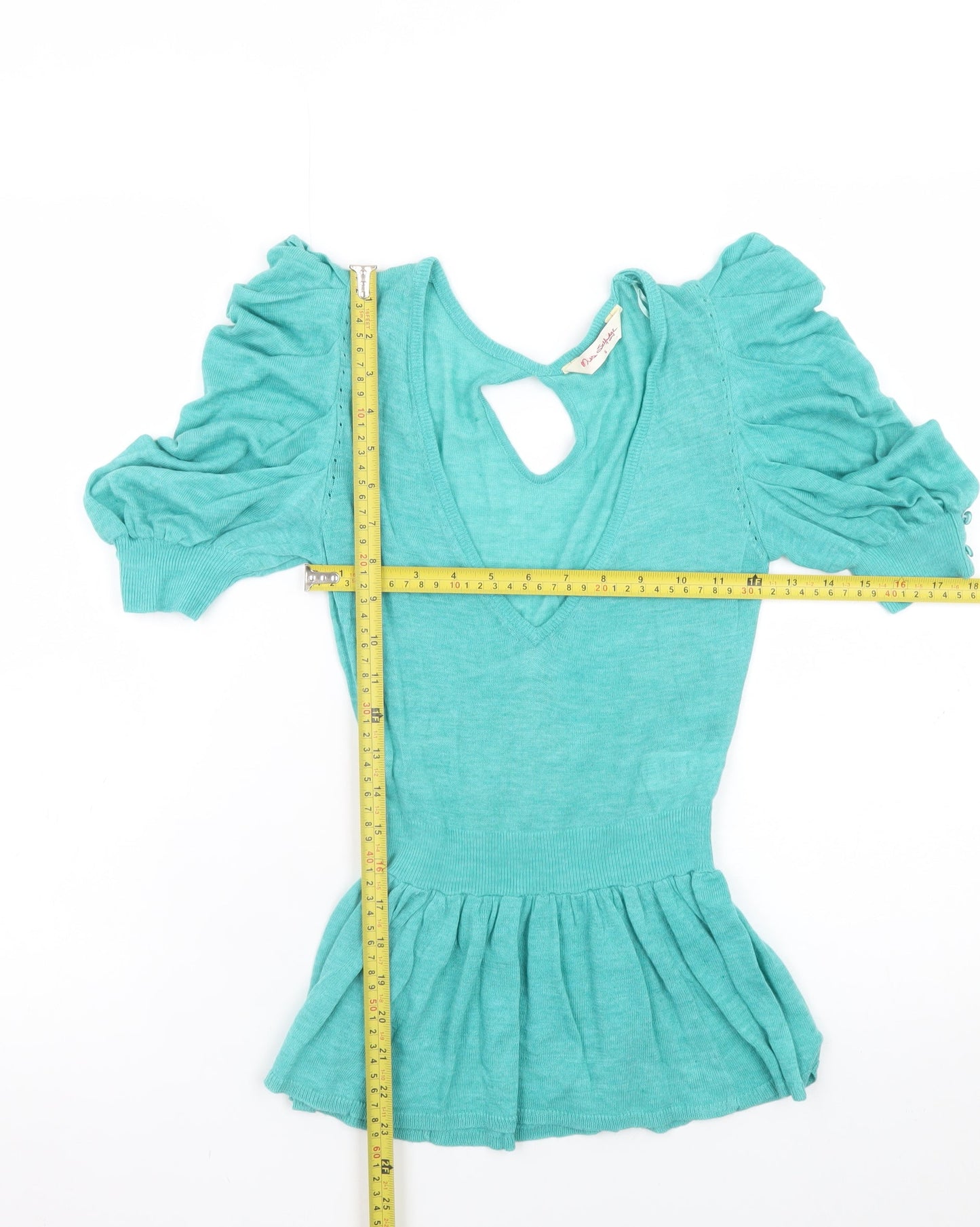 Miss Selfridge Women’s Green Puff Sleeve V-Neck Knit Blouse Size 6