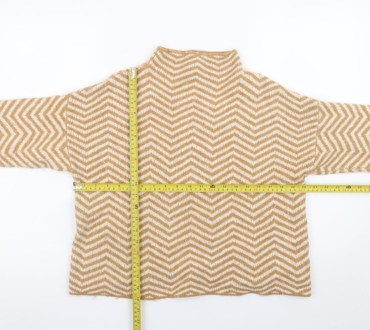 Kin by John Lewis Women's Beige Mock Neck Geometric Wool Blend Jumper M