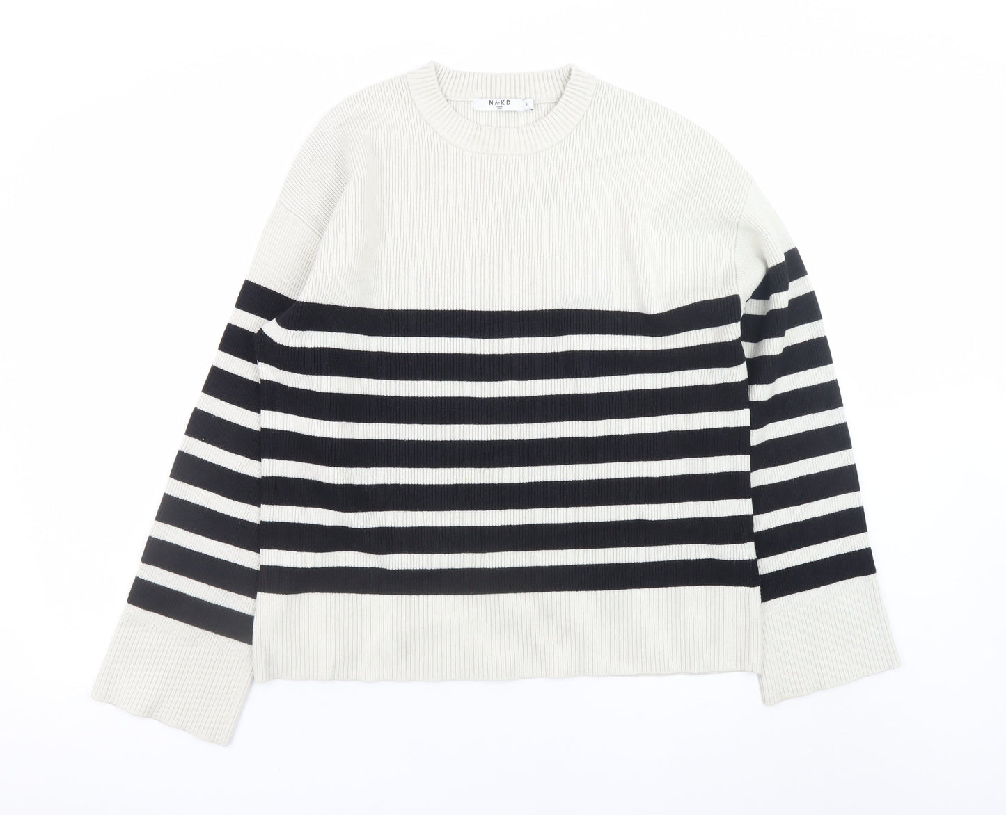 NA-KD Women’s Black White Stripe Knit Jumper Size S Crew Neck Pullover