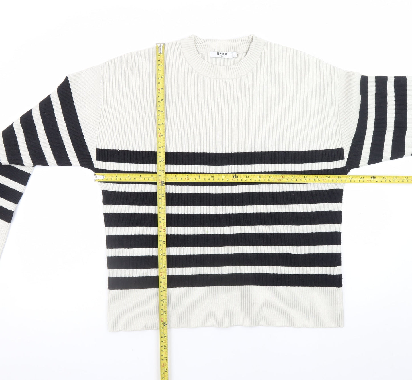 NA-KD Women’s Black White Stripe Knit Jumper Size S Crew Neck Pullover