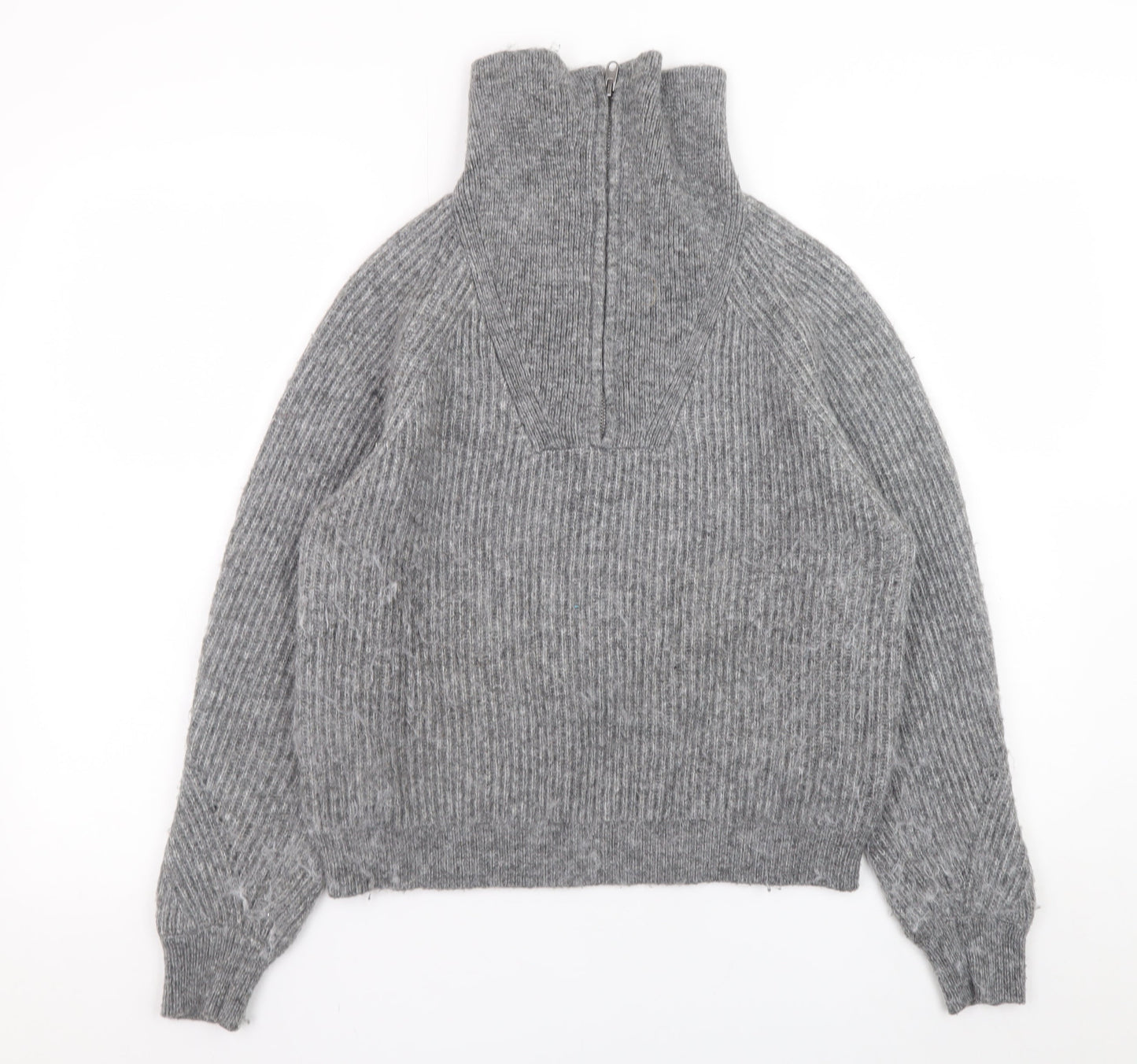 Marks and Spencer Women’s Grey High Neck Half Zip Ribbed Knit Jumper Size S