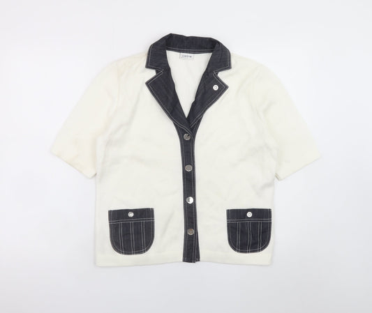 Lucia Women Ivory Short Sleeve Collared Cardigan Size 12
