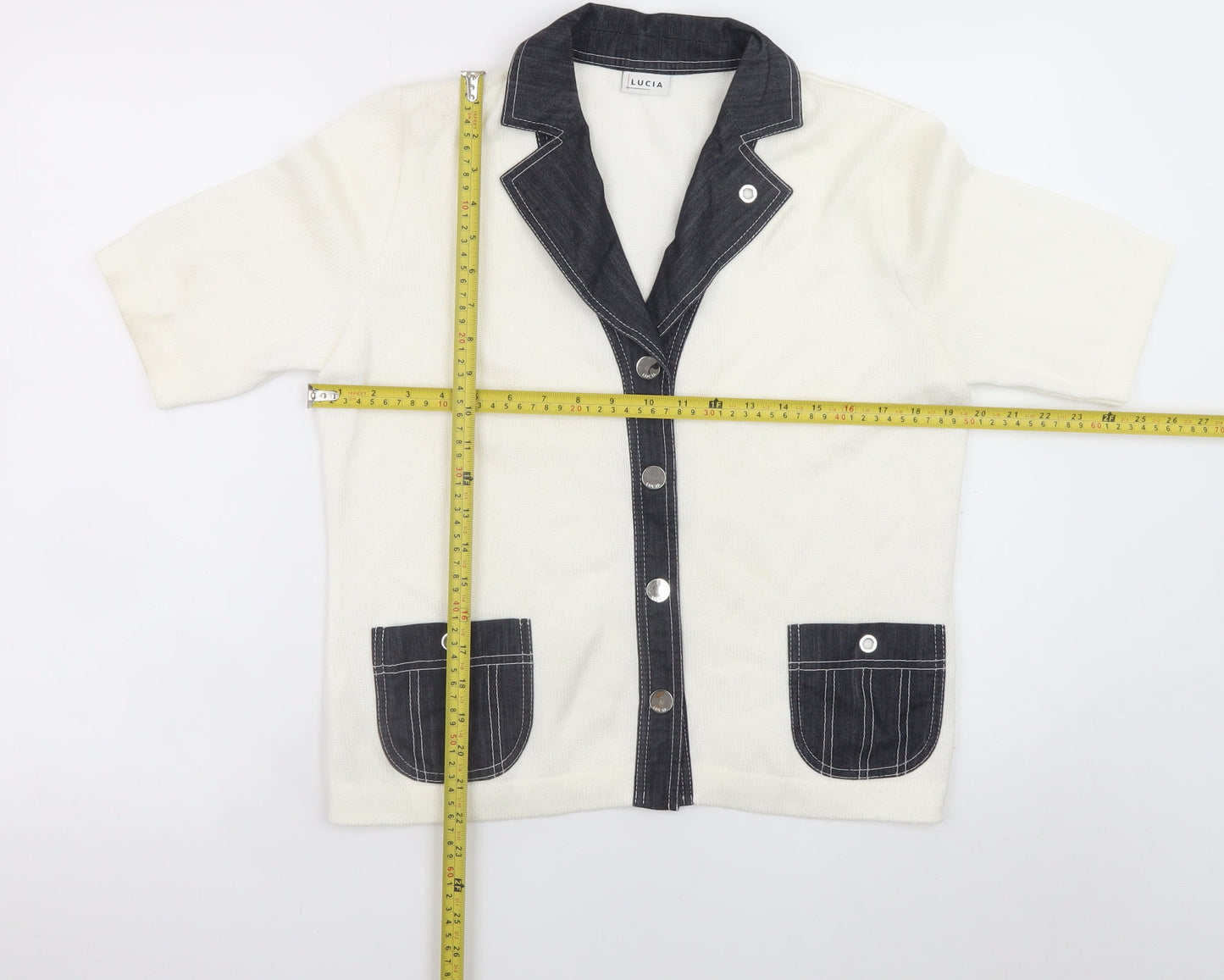 Lucia Women Ivory Short Sleeve Collared Cardigan Size 12