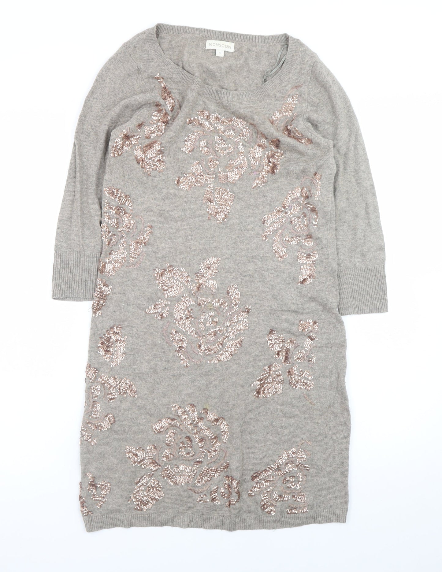 Monsoon Women Grey Sequin Floral Knit Jumper Dress Size S