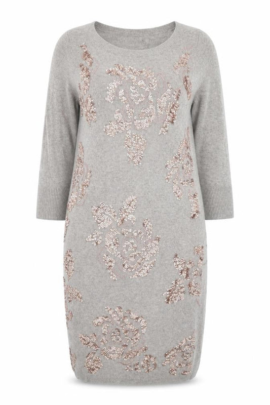 Monsoon Women Grey Sequin Floral Knit Jumper Dress Size S