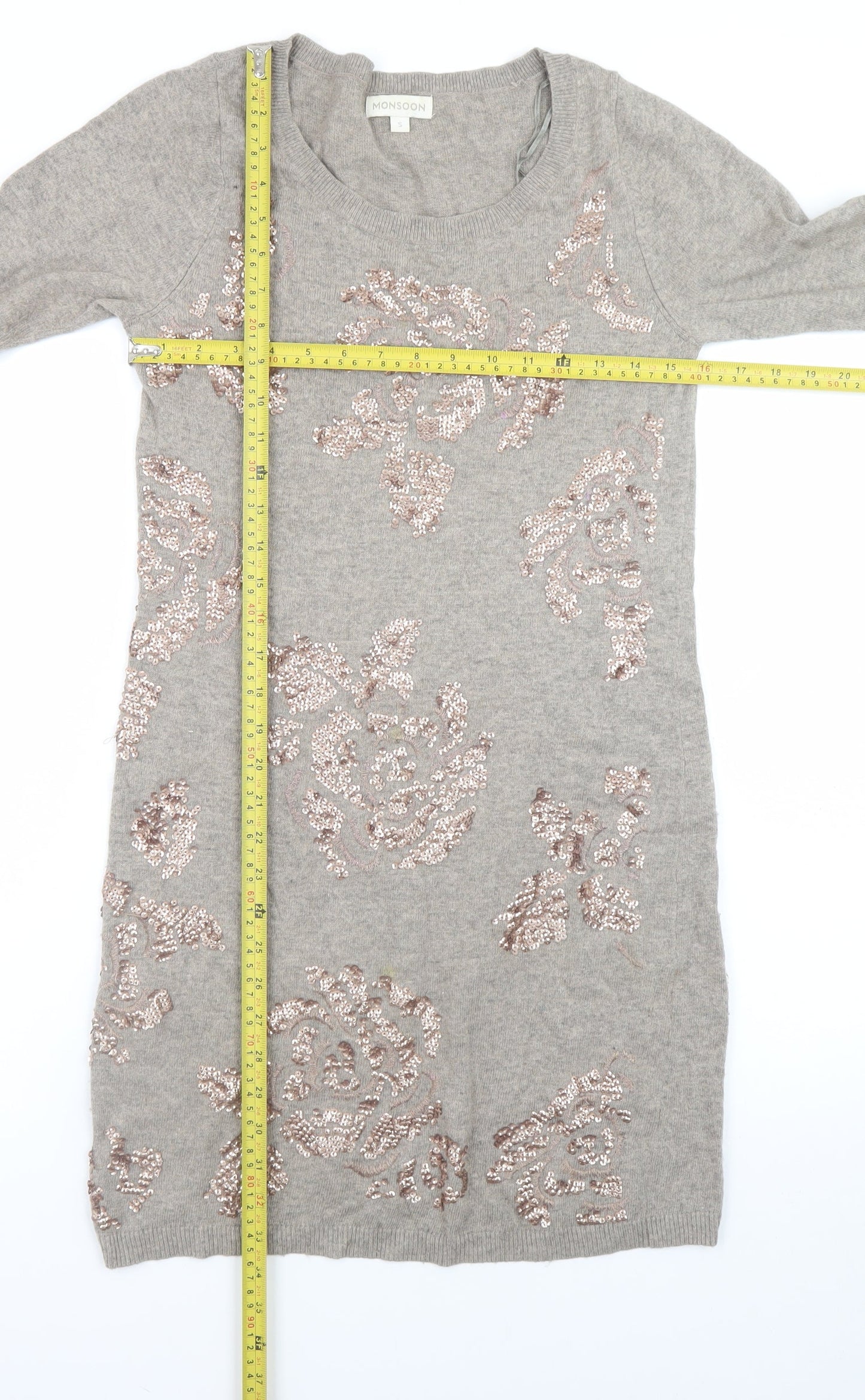 Monsoon Women Grey Sequin Floral Knit Jumper Dress Size S