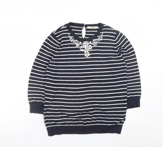 Oasis Women's Blue Striped Beaded Crew Neck Jumper Size M