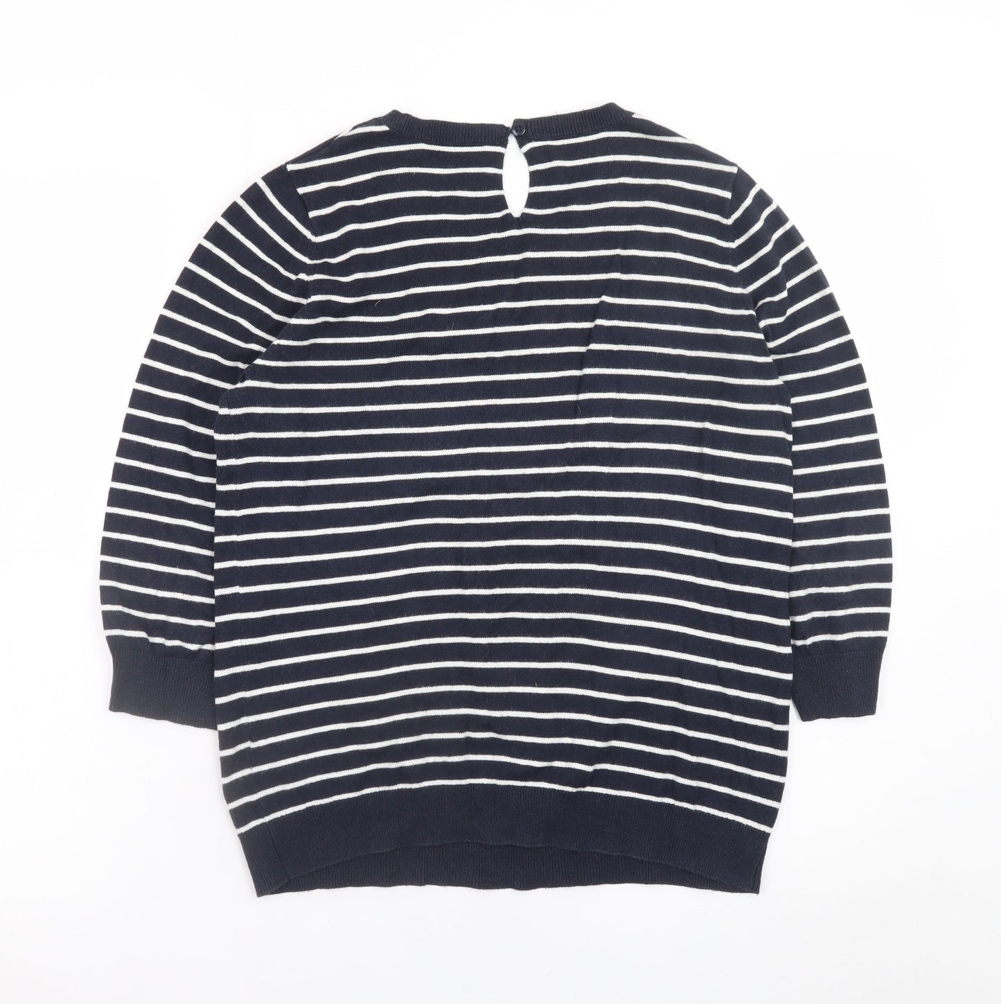 Oasis Women's Blue Striped Beaded Crew Neck Jumper Size M