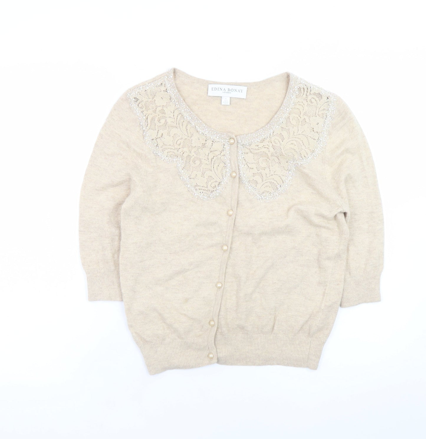 Edina Ronay Women Beige Cardigan UK 10 Lace Collar Angora Blend