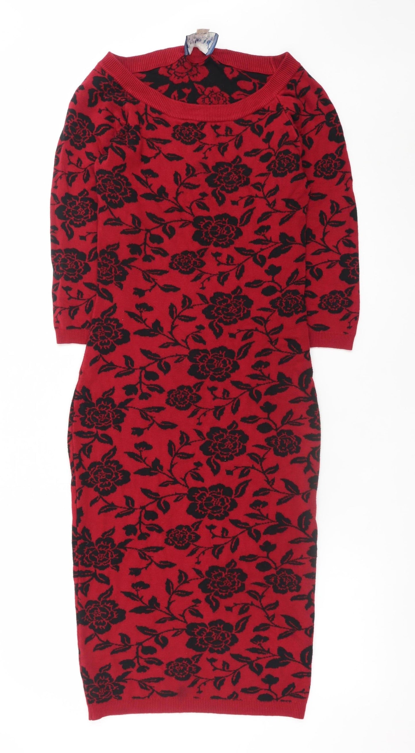 Collectif Vintage Womens Red Floral Knit Bodycon Dress UK 14
