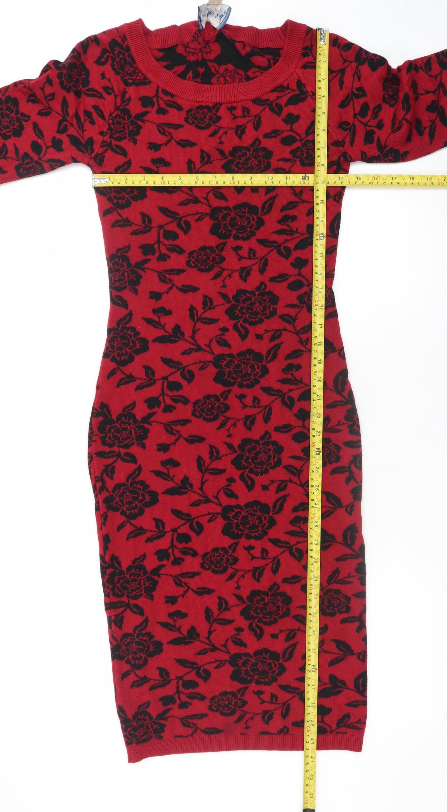 Collectif Vintage Womens Red Floral Knit Bodycon Dress UK 14
