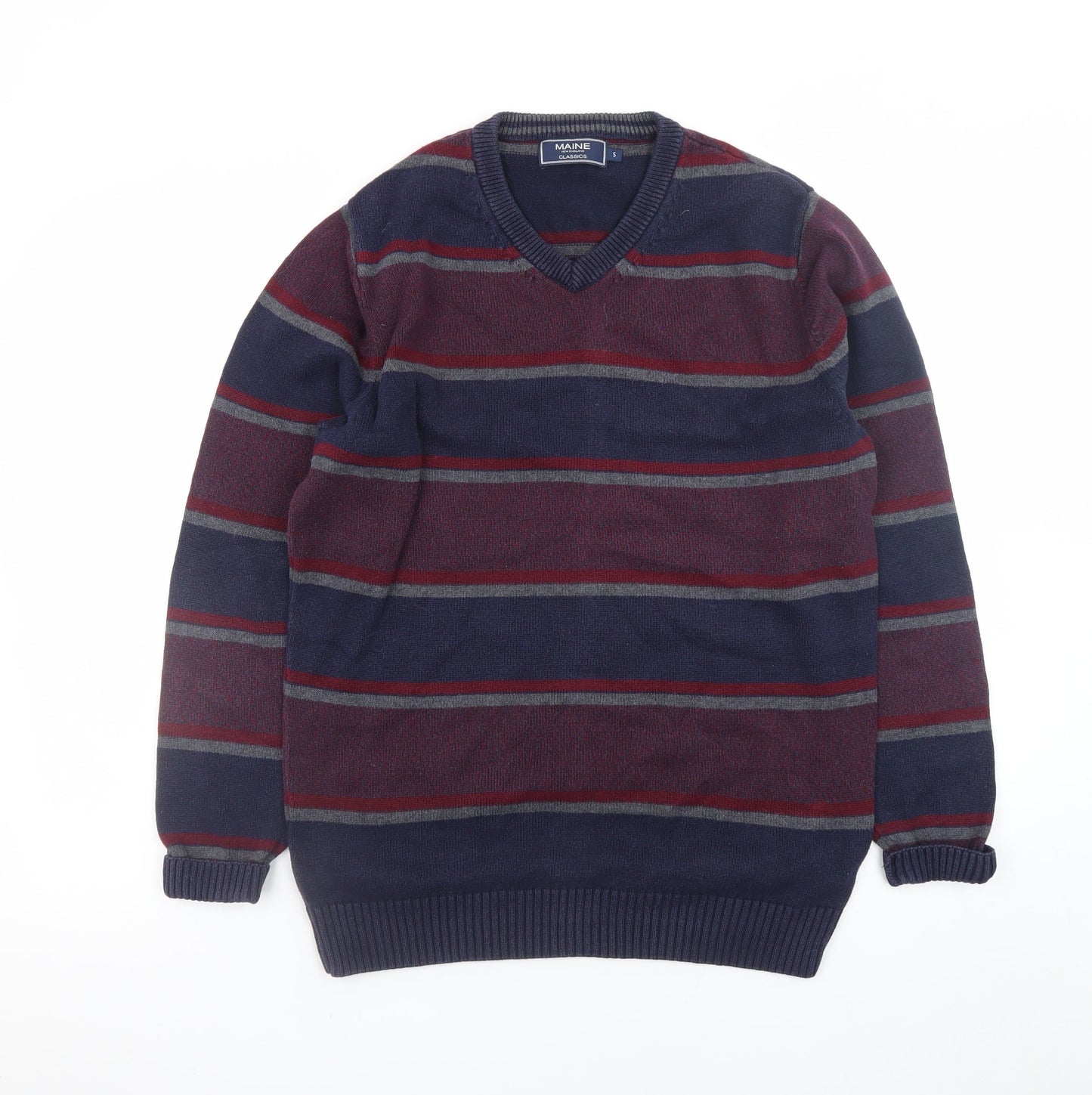 Maine New England Men’s Blue Striped Cotton V-Neck Jumper Size S