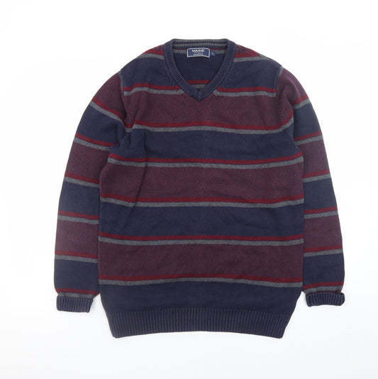 Maine New England Men’s Blue Striped Cotton V-Neck Jumper Size S