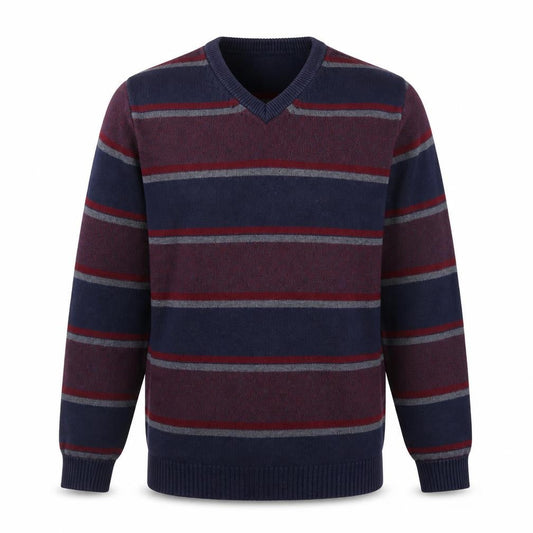 Front view of Maine New England Men’s Blue Striped Cotton V-Neck Jumper, size S