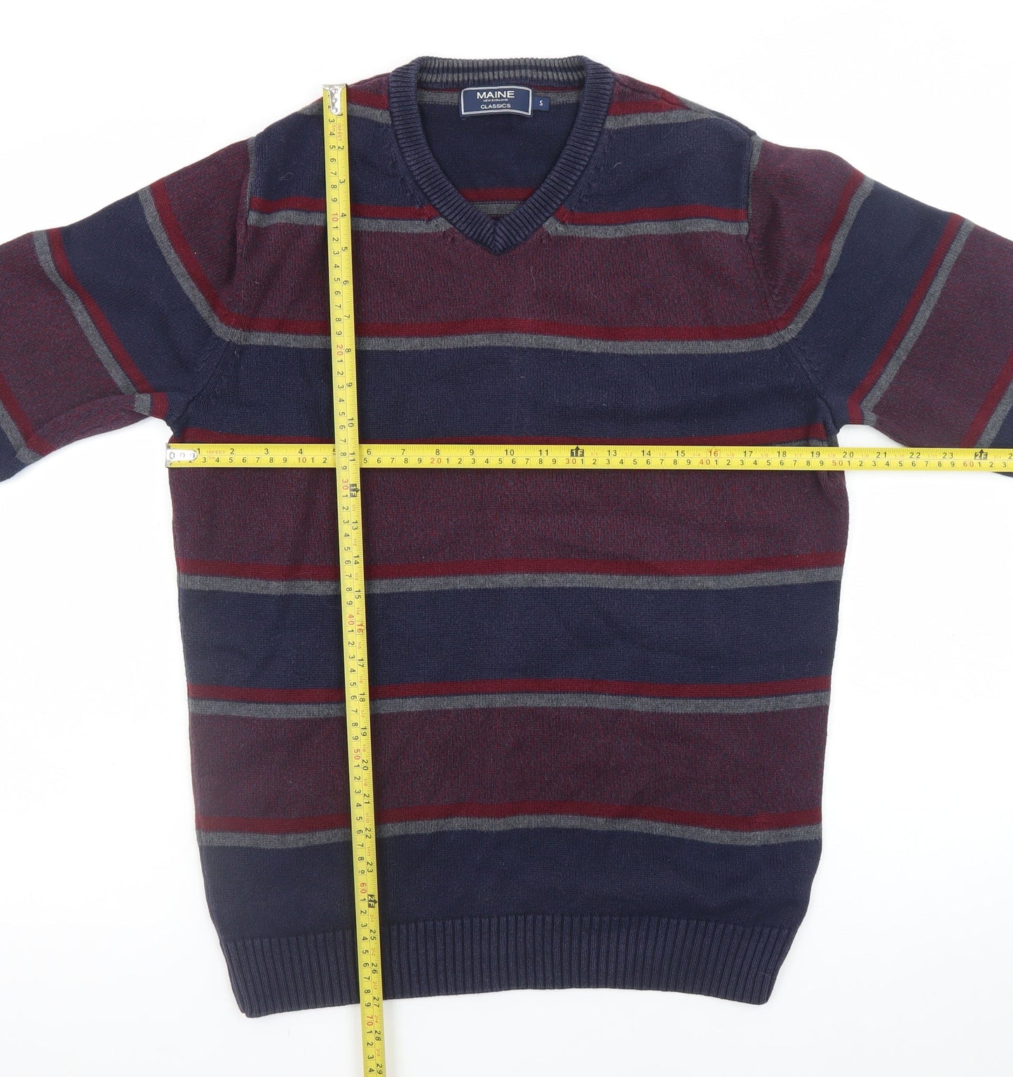 Maine New England Men’s Blue Striped Cotton V-Neck Jumper Size S
