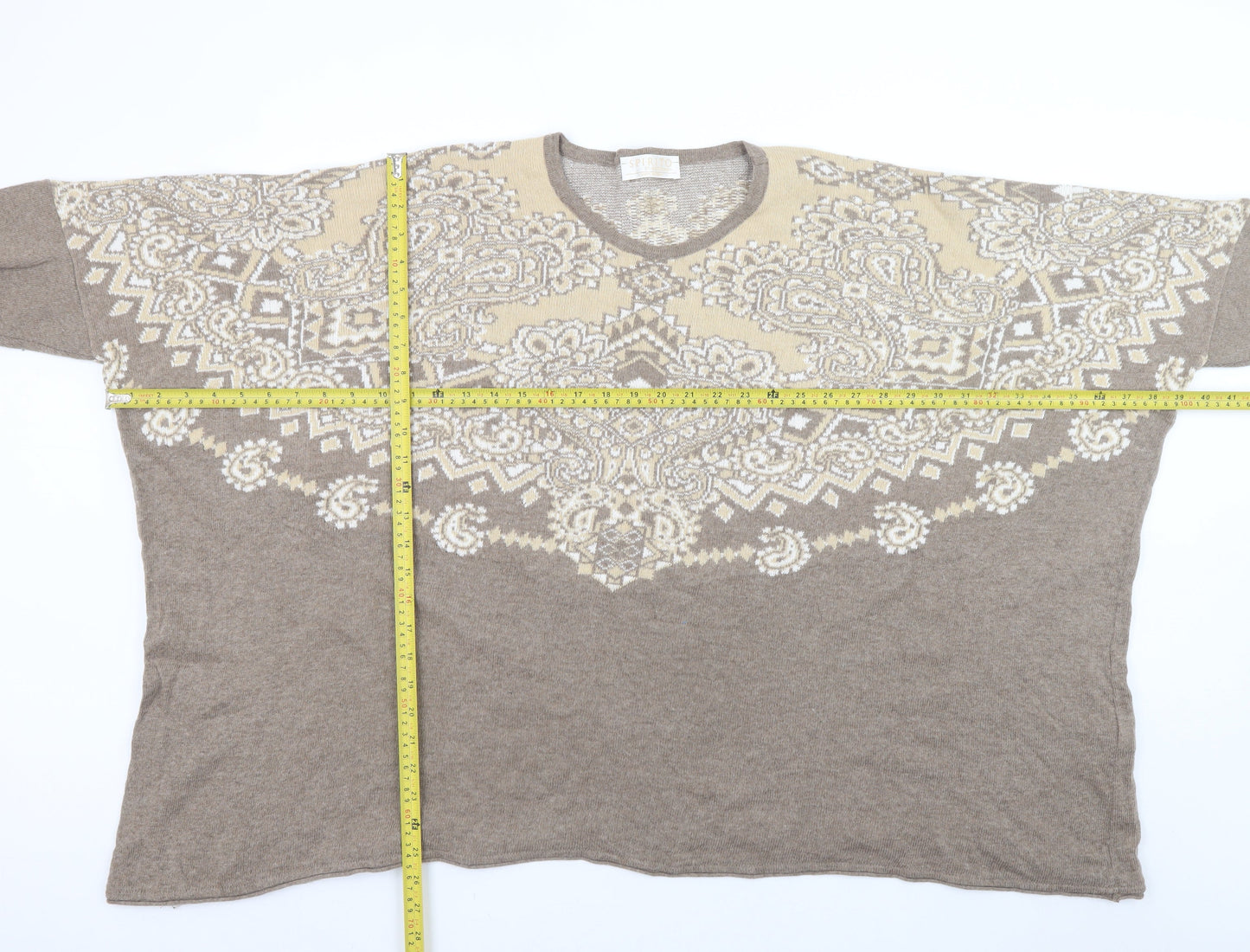 Spiritio di Artigiano Women's Beige Paisley Wool Blend V-Neck Jumper L