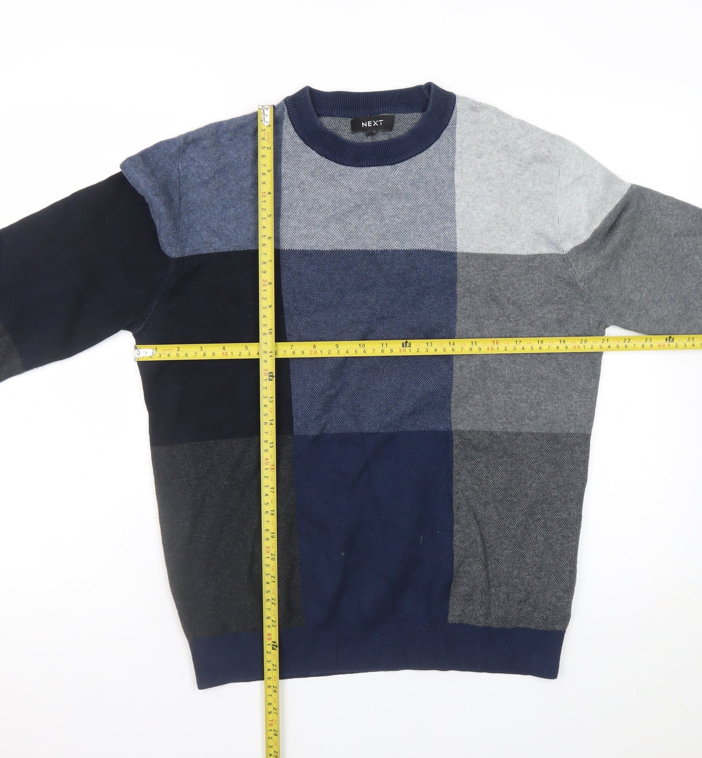 Next Men's Blue Check Knit Crew Neck Pullover Jumper Size M