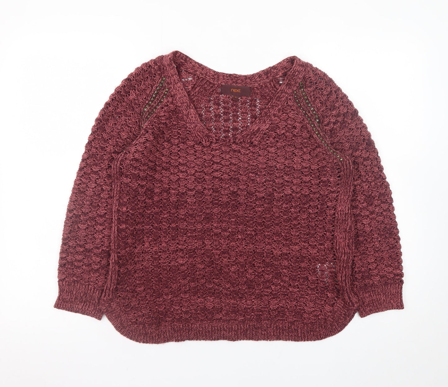 Next Women Red V-Neck Open-Knit Jumper Size 14 Cotton Blend