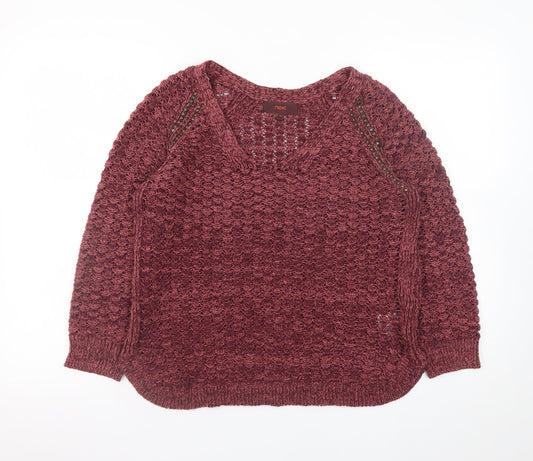 Next Women Red V-Neck Open-Knit Jumper Size 14 Cotton Blend