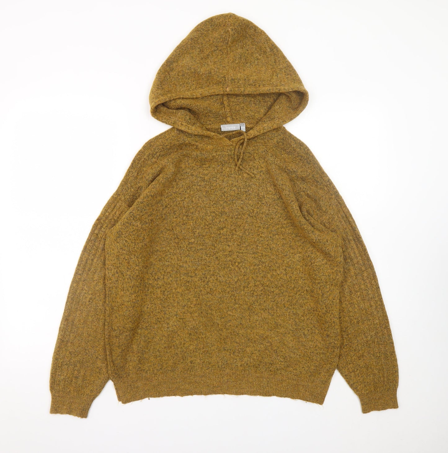Fransa Women Mustard Hooded Wool Blend Jumper Size L Relaxed Fit