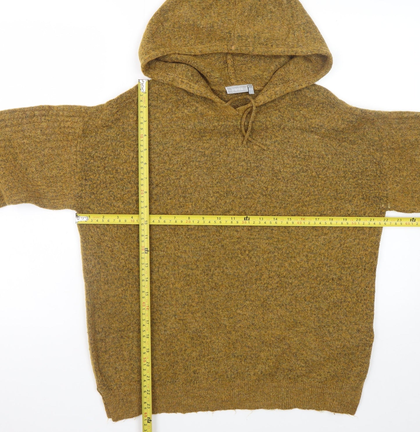 Fransa Women Mustard Hooded Wool Blend Jumper Size L Relaxed Fit