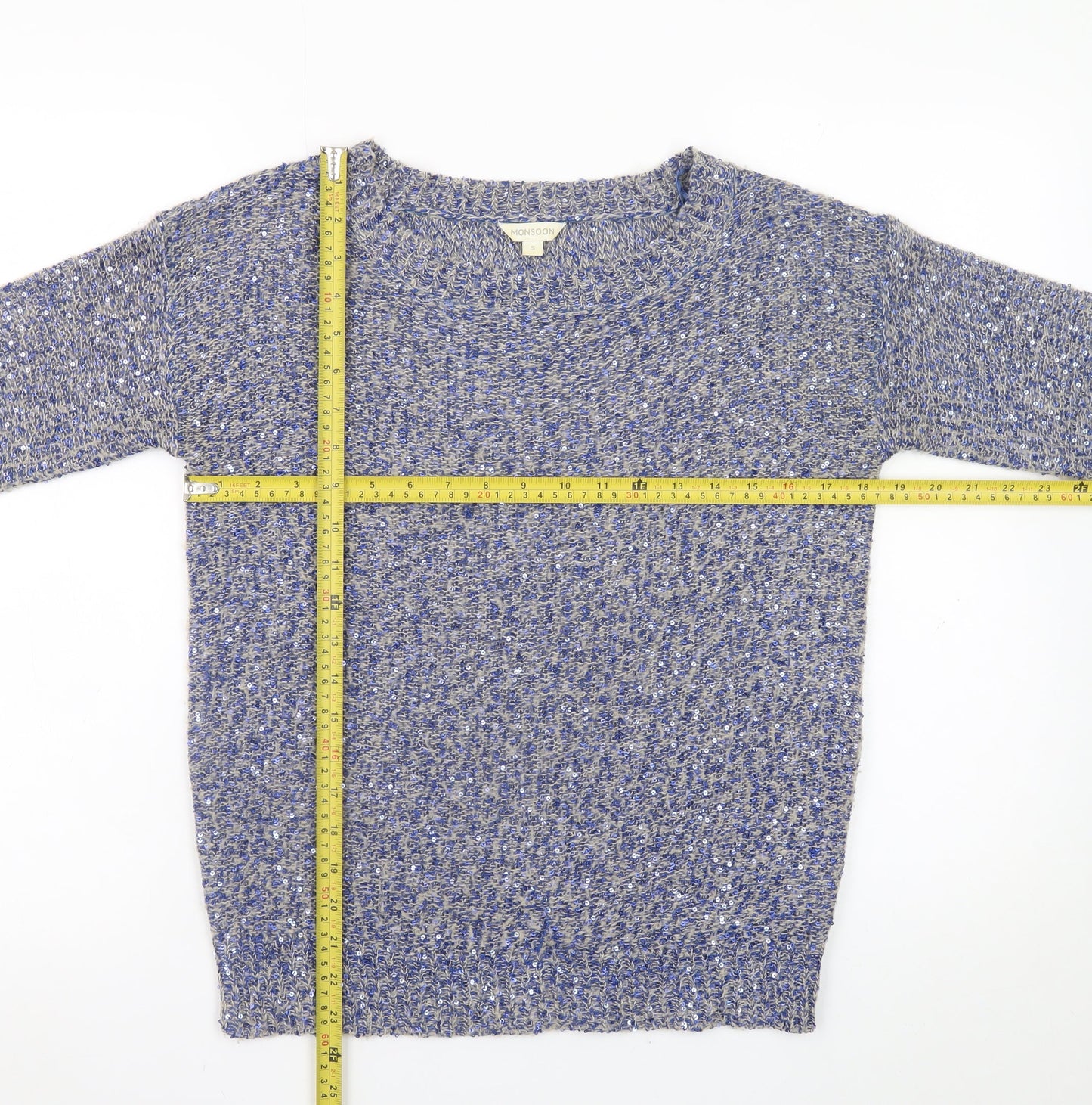 Monsoon Women Blue Sequin Knit Jumper Size S Boat Neck Long Sleeve