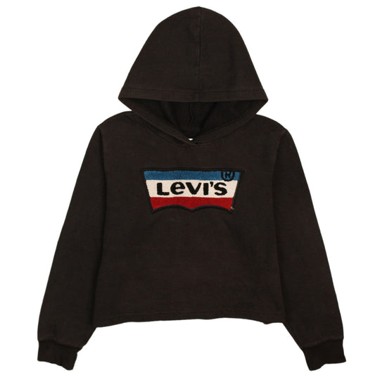 Front view of Levi's girls’ black hooded pullover sweatshirt xl 13-15 years logo design