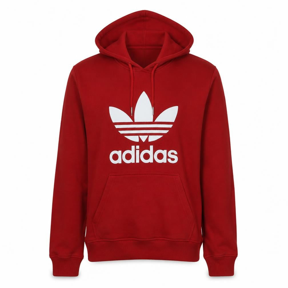 Adidas Mens Red Pullover Hoodie Large Logo Print Cotton Fleece