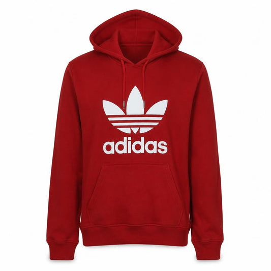 Adidas Mens Red Pullover Hoodie Large Logo Print Cotton Fleece