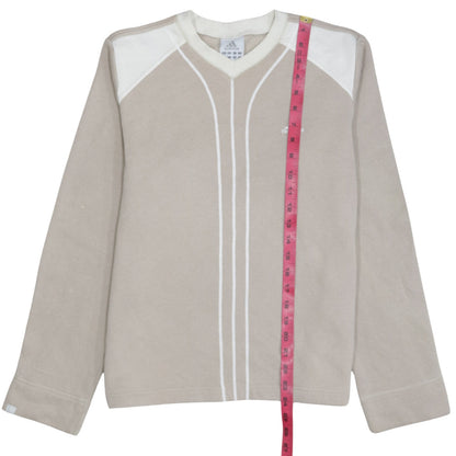 Back view of Adidas boys’ beige v-neck pullover sweatshirt, size 176, long sleeve