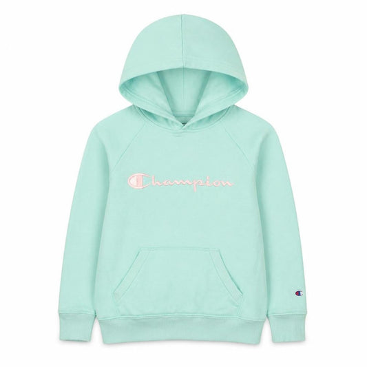 Front view of Champion girls’ aqua blue pullover hoodie small - embroidered logo, fleece lined