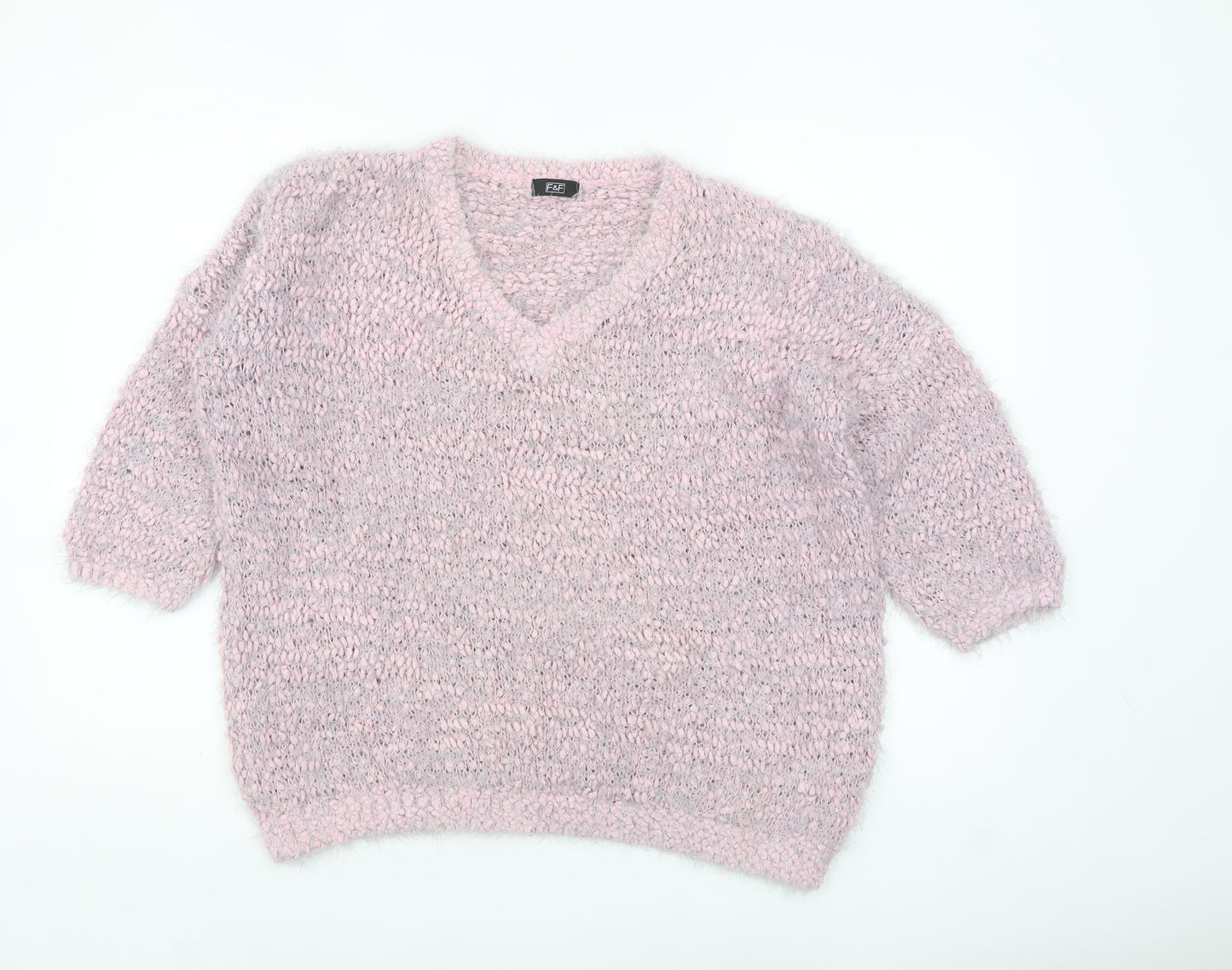 F&F Women’s Pink Chunky Knit V-Neck Pullover Jumper Size 14